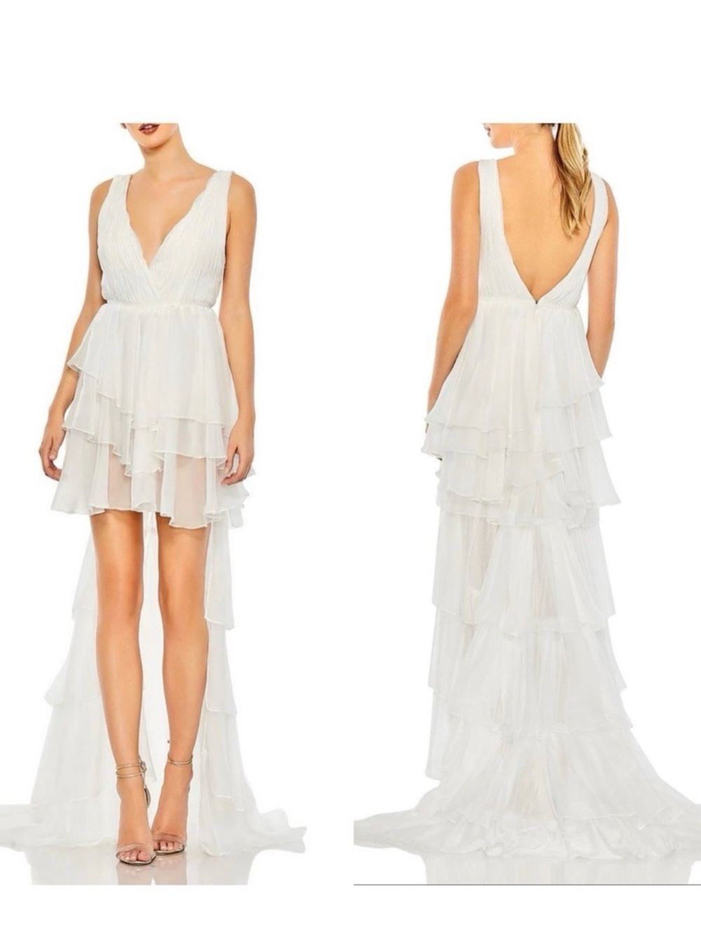 NWT Ieena Mac Duggal 55320‎ Double V Neck Built in Bodysuit Hi Low Tiered Gown 2